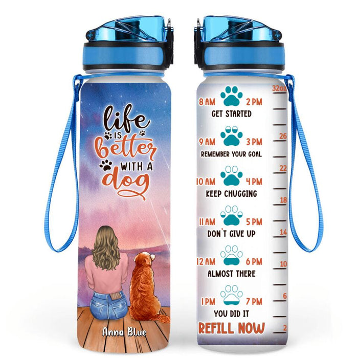 Custom Personalized Dog Mom Water Tracker Bottle - Gift Idea For Dog Lovers with up to 4 Dogs - Life Is Better With A Dog