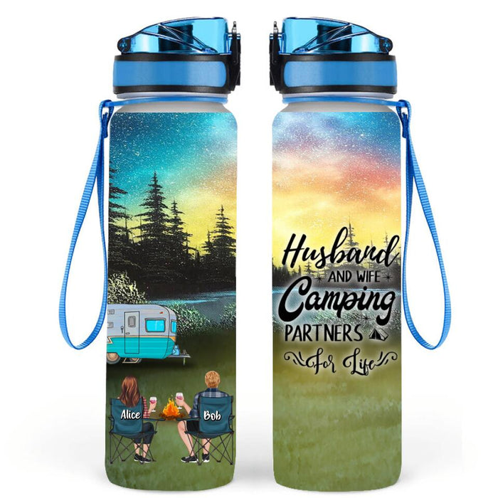 Personalized Camping Water Tracker Bottle - Adult/ Couple/ Parents With Up to 2 Kids And 4 Pets - Gift Idea For Camping Lover - Husband And Wife Camping Partners For Life