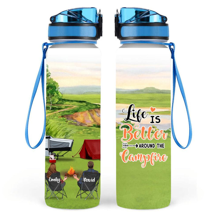Personalized Camping Water Tracker Bottle - Adult/ Couple/ Parents With Up to 2 Kids And 3 Pets - Gift Idea For Camping Lover - Life Is Better Around The Campfire
