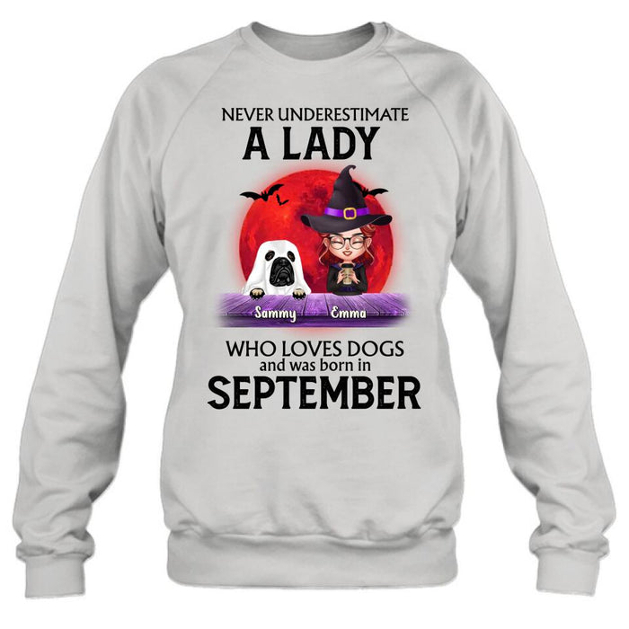 Custom Personalized Dog Lady Shirt/Hoodie - Upto 6 Dogs - Halloween Gift Idea For Dog Lovers - Never Underestimate A Lady Who Loves Dogs