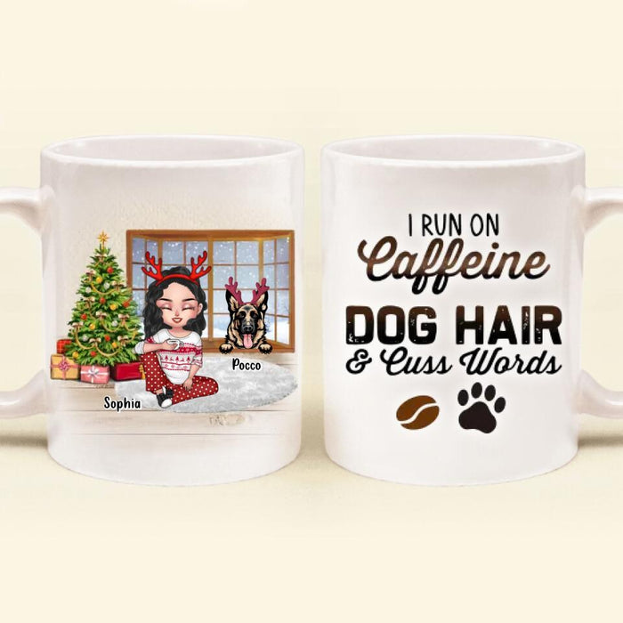 Custom Personalized Dog Mom Mug - Upto 3 Dogs - Christmas Gift Idea For Dog Lovers - I Run On Caffeine Dog Hair & Cuss Words