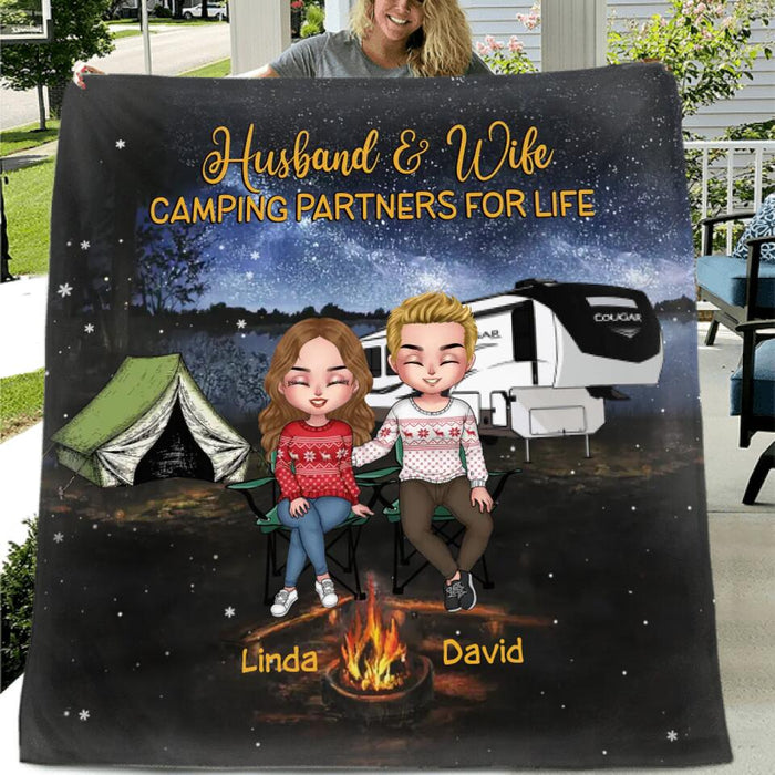 Custom Personalized Camping Christmas Couple  Quilt/Single Layer Fleece Blanket - Gift Idea For Camping Lovers - Couple With Up To 4 Dogs - Husband And Wife Camping Partners For Life