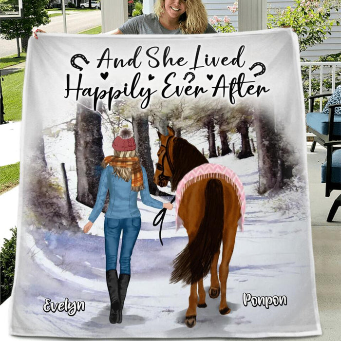 Custom Personalized Horse Girl Single Layer Fleece/ Quilt - Gift Idea For Christmas/ Horse Lover with up to 4 Horses - And She Lived Happily Ever After