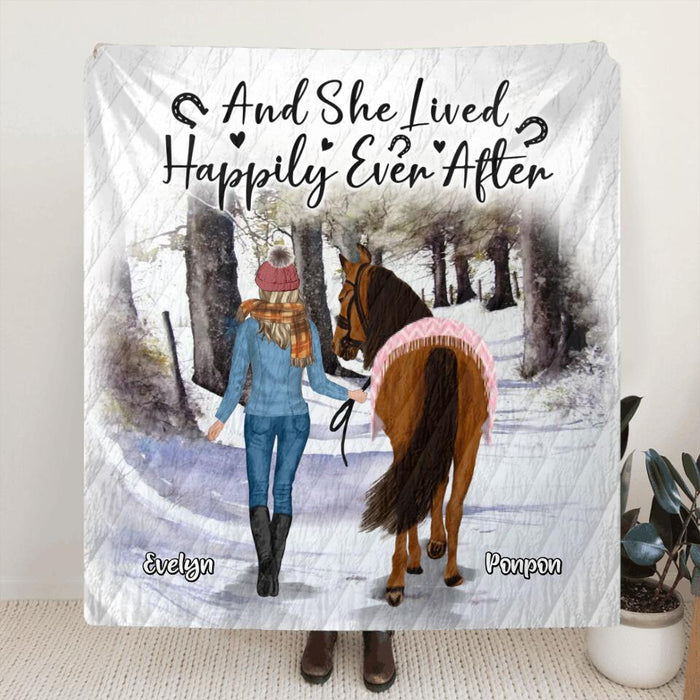 Custom Personalized Horse Girl Single Layer Fleece/ Quilt - Gift Idea For Christmas/ Horse Lover with up to 4 Horses - And She Lived Happily Ever After