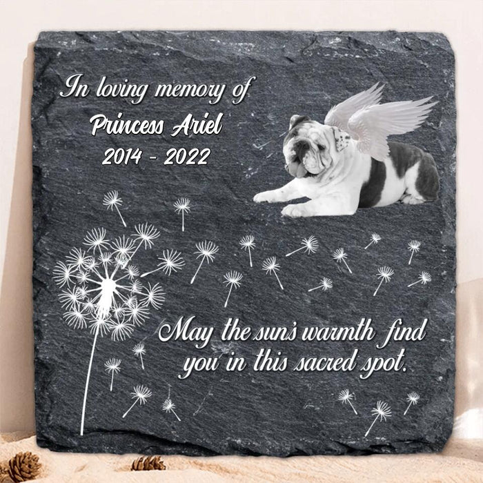 Custom Personalized Memorial Square Lithograph - Gift Idea For Dog Owner - Upload Dog Photo - May The Sun's Warmth Find You In This Sacred Spot