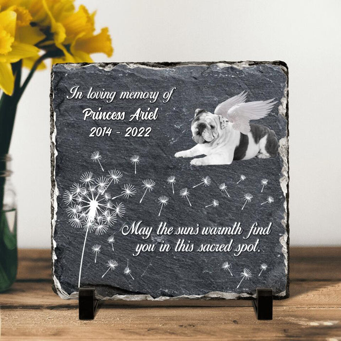 Custom Personalized Memorial Square Lithograph - Gift Idea For Dog Owner - Upload Dog Photo - May The Sun's Warmth Find You In This Sacred Spot