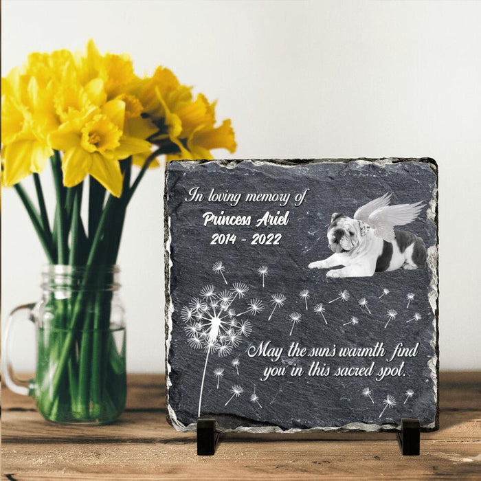 Custom Personalized Memorial Square Lithograph - Gift Idea For Dog Owner - Upload Dog Photo - May The Sun's Warmth Find You In This Sacred Spot