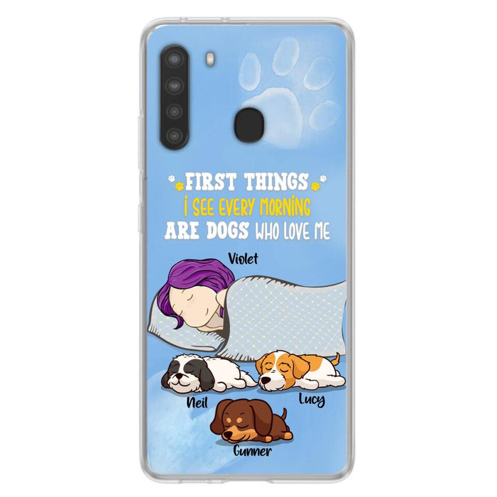 Custom Personalized Dog Mom Sleep Phone Case - Upto 3 Dogs - First Things I See Every Morning Are Dogs Who Love Me