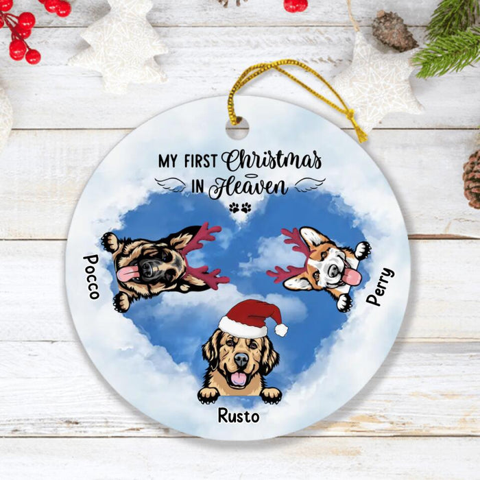 Custom Personalized Christmas Circle Ornament - Memorial Gift Idea For Christmas/ Dog Lover with up to 3 Dogs - My First Christmas In Heaven