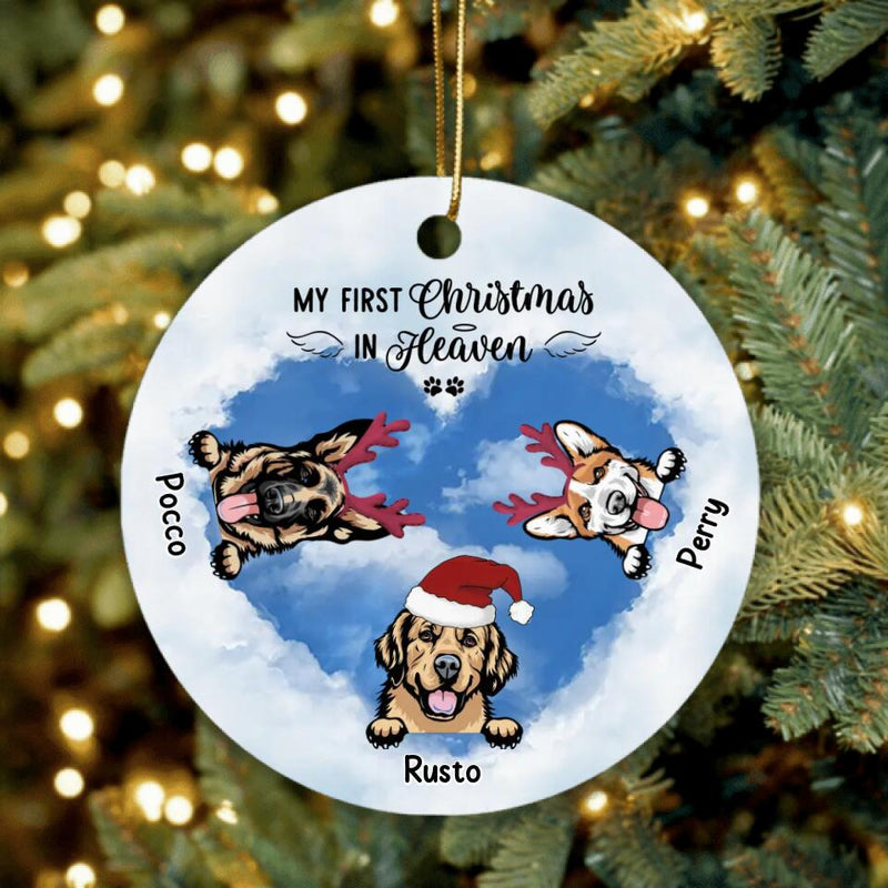 Personalized Christmas Circle Ornament - Memorial Gift Idea For Christmas/Dog Lover with up to 3 Dogs - My First Christmas In Heaven