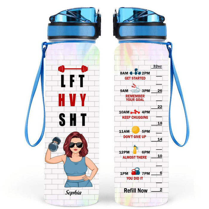 Custom Personalized Weightlifting Girl With Goals Water Tracker Bottle - Gift For Girl - L F T H V Y S H T