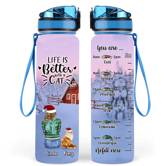 Custom Personalized Christmas Cat Mom Water Tracker Bottle - Upto 5 Cats - Christmas Gift Idea For Cat Lover - Life Is Better With Cats