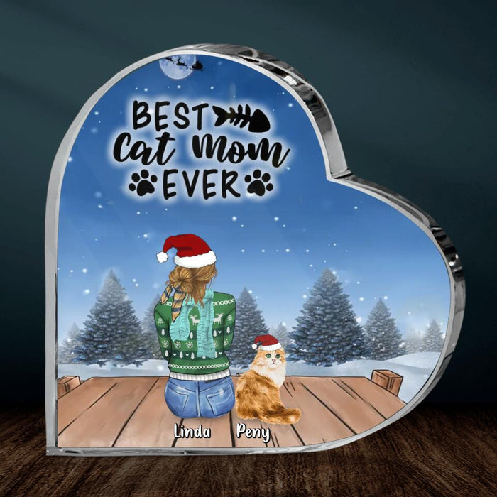 Custom Personalized Christmas Cat Mom Crystal Heart - Christmas Gift Idea For Cat Lover - Upto 5 Cats - Best Cat Mom Ever