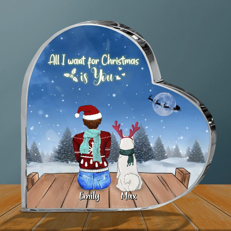 Personalized Christmas Night Crystal Heart - Adult/Couple With Up to 2 Kids And 5 Pets - Christmas Gift For Family/Cat/Dog Lover - All I Want For Christmas Is You