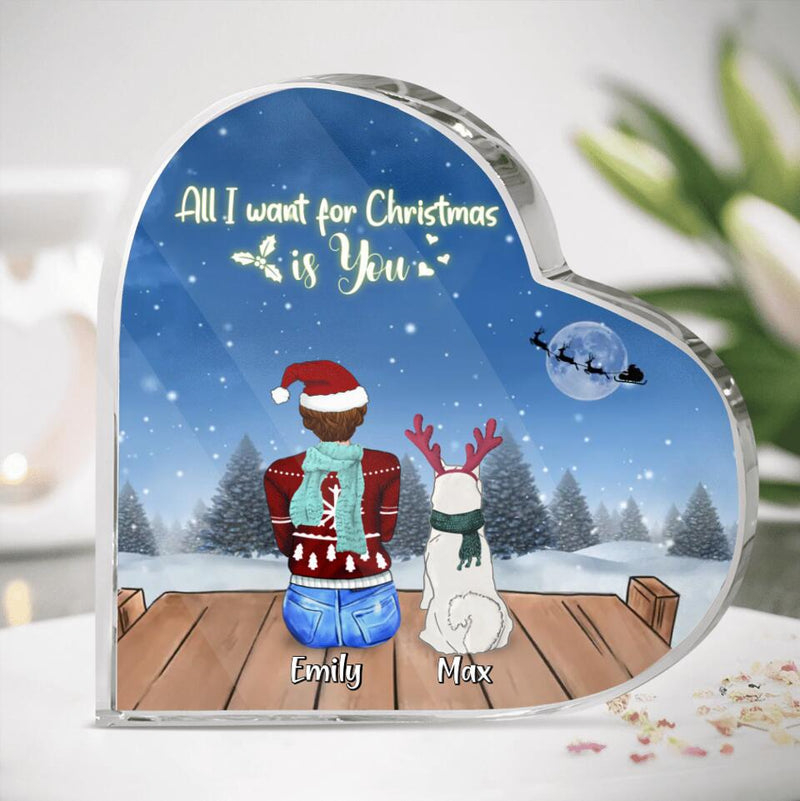 Personalized Christmas Night Crystal Heart - Adult/Couple With Up to 2 Kids And 5 Pets - Christmas Gift For Family/Cat/Dog Lover - All I Want For Christmas Is You