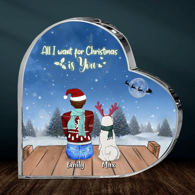 Personalized Christmas Night Crystal Heart - Adult/Couple With Up to 2 Kids And 5 Pets - Christmas Gift For Family/Cat/Dog Lover - All I Want For Christmas Is You