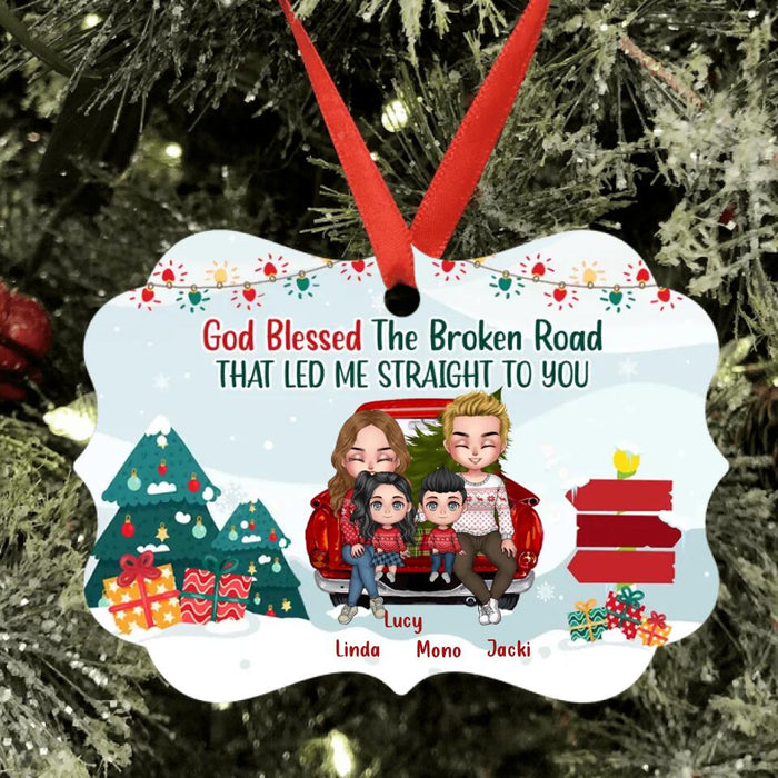 Custom Personalized Christmas Couple On Car Aluminium Ornament - Gift Idea For Christmas/Family With Up To 2 Kids - God Blessed The Broken Road That Led Me Straight To You