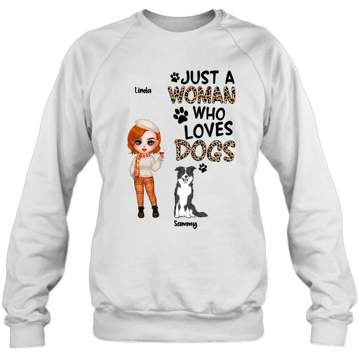 Custom Personalized Crazy Dog Lady Shirt/Hoodie - Gift Idea For Girl/Dog Lovers With Up To 6 Dogs - Just A Woman Who Loves Dogs