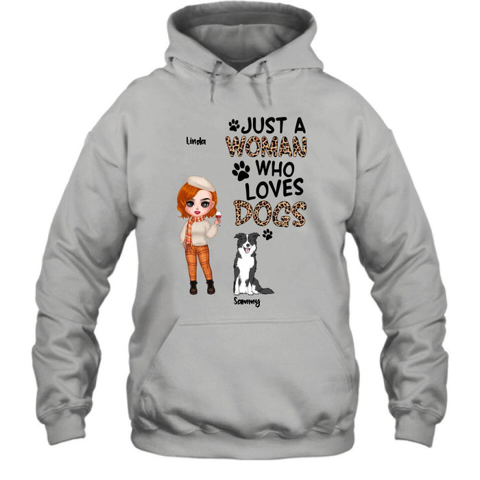 Custom Personalized Crazy Dog Lady Shirt/Hoodie - Gift Idea For Girl/Dog Lovers With Up To 6 Dogs - Just A Woman Who Loves Dogs