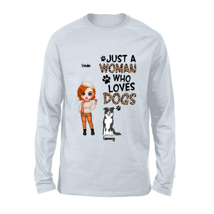 Custom Personalized Crazy Dog Lady Shirt/Hoodie - Gift Idea For Girl/Dog Lovers With Up To 6 Dogs - Just A Woman Who Loves Dogs