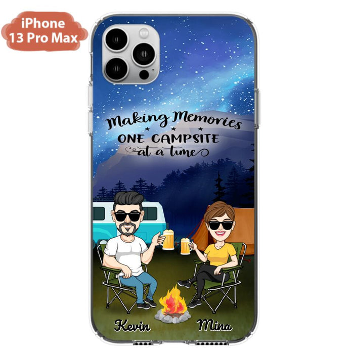 Custom Personalized Night Camping Phone Case - Couple With Up to 3 Dogs - Gift For Couple/ Camping Lover - Making Memories One Campsite At A Time - Case For iPhone And Samsung