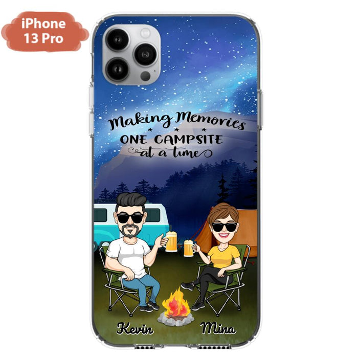 Custom Personalized Night Camping Phone Case - Couple With Up to 3 Dogs - Gift For Couple/ Camping Lover - Making Memories One Campsite At A Time - Case For iPhone And Samsung