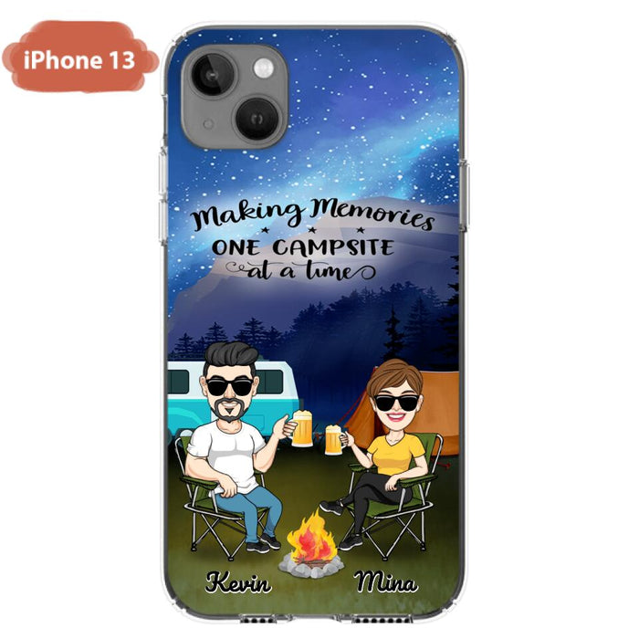 Custom Personalized Night Camping Phone Case - Couple With Up to 3 Dogs - Gift For Couple/ Camping Lover - Making Memories One Campsite At A Time - Case For iPhone And Samsung