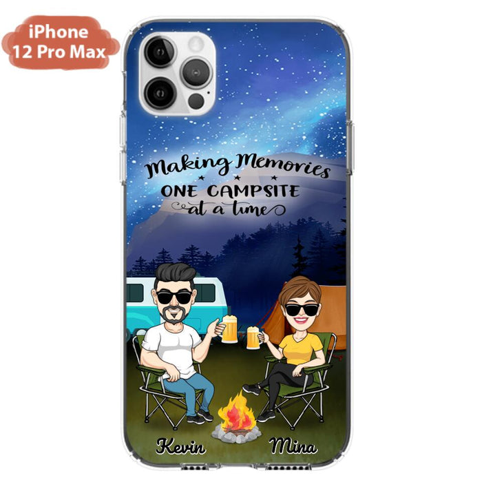 Custom Personalized Night Camping Phone Case - Couple With Up to 3 Dogs - Gift For Couple/ Camping Lover - Making Memories One Campsite At A Time - Case For iPhone And Samsung