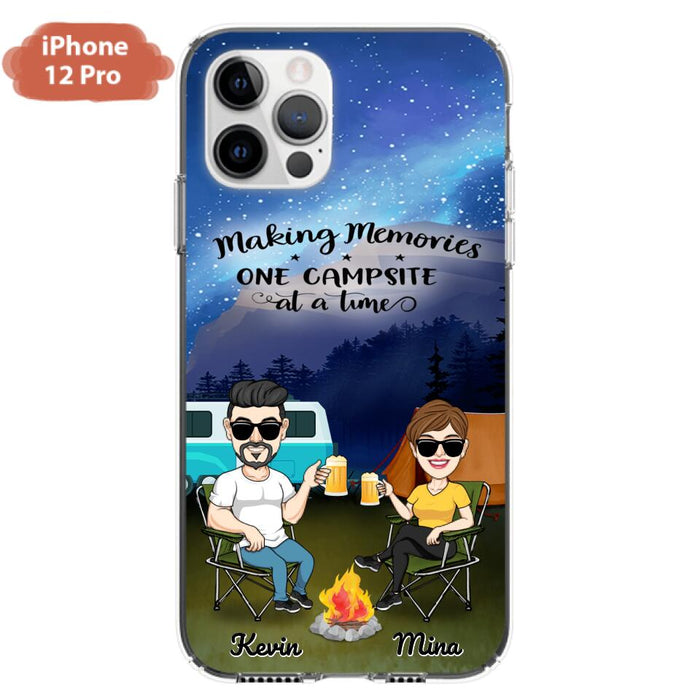 Custom Personalized Night Camping Phone Case - Couple With Up to 3 Dogs - Gift For Couple/ Camping Lover - Making Memories One Campsite At A Time - Case For iPhone And Samsung