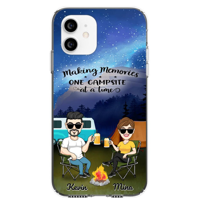 Custom Personalized Night Camping Phone Case - Couple With Up to 3 Dogs - Gift For Couple/ Camping Lover - Making Memories One Campsite At A Time - Case For iPhone And Samsung