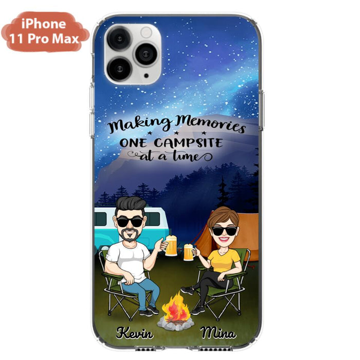 Custom Personalized Night Camping Phone Case - Couple With Up to 3 Dogs - Gift For Couple/ Camping Lover - Making Memories One Campsite At A Time - Case For iPhone And Samsung