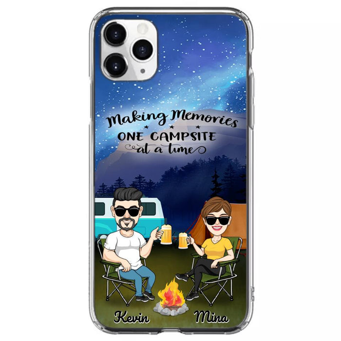 Custom Personalized Night Camping Phone Case - Couple With Up to 3 Dogs - Gift For Couple/ Camping Lover - Making Memories One Campsite At A Time - Case For iPhone And Samsung