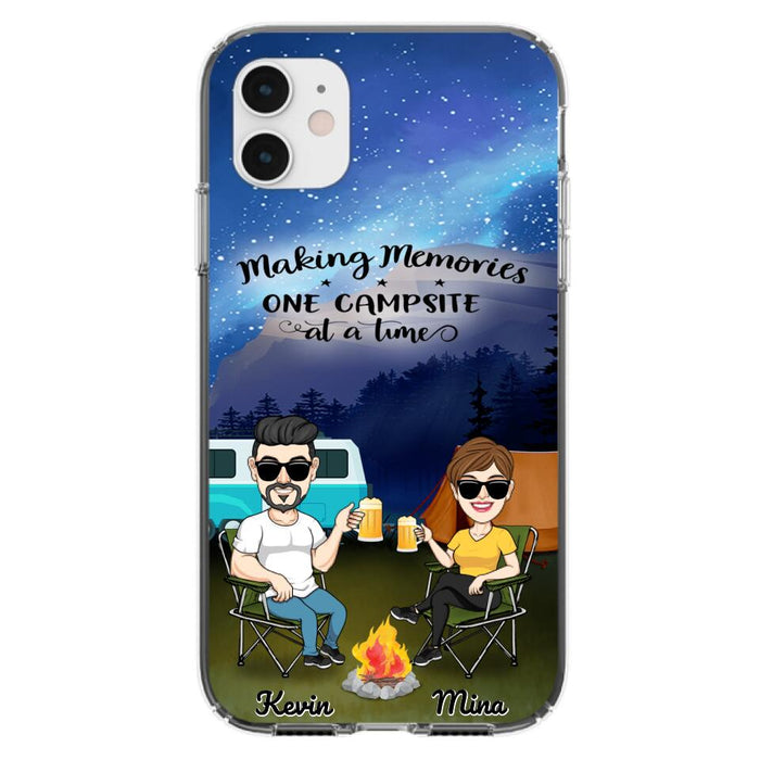 Custom Personalized Night Camping Phone Case - Couple With Up to 3 Dogs - Gift For Couple/ Camping Lover - Making Memories One Campsite At A Time - Case For iPhone And Samsung