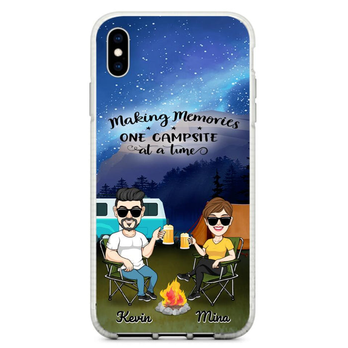 Custom Personalized Night Camping Phone Case - Couple With Up to 3 Dogs - Gift For Couple/ Camping Lover - Making Memories One Campsite At A Time - Case For iPhone And Samsung