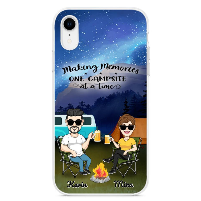 Custom Personalized Night Camping Phone Case - Couple With Up to 3 Dogs - Gift For Couple/ Camping Lover - Making Memories One Campsite At A Time - Case For iPhone And Samsung