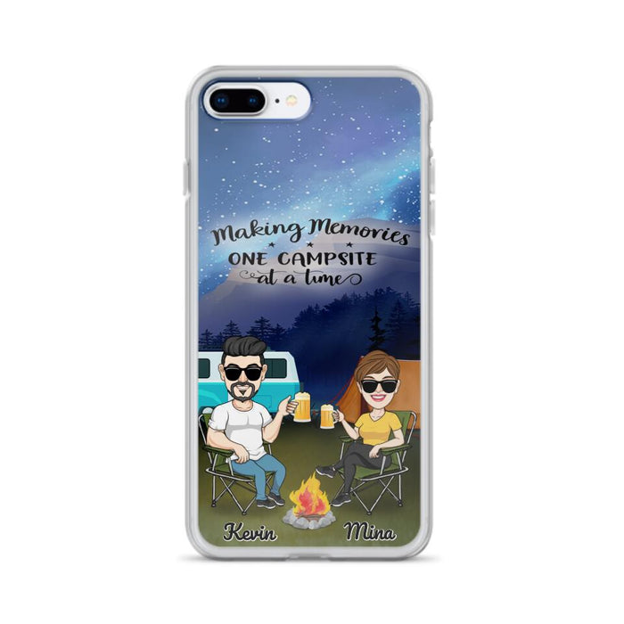 Custom Personalized Night Camping Phone Case - Couple With Up to 3 Dogs - Gift For Couple/ Camping Lover - Making Memories One Campsite At A Time - Case For iPhone And Samsung