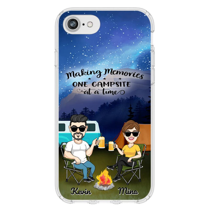 Custom Personalized Night Camping Phone Case - Couple With Up to 3 Dogs - Gift For Couple/ Camping Lover - Making Memories One Campsite At A Time - Case For iPhone And Samsung