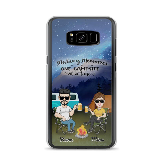 Custom Personalized Night Camping Phone Case - Couple With Up to 3 Dogs - Gift For Couple/ Camping Lover - Making Memories One Campsite At A Time - Case For iPhone And Samsung