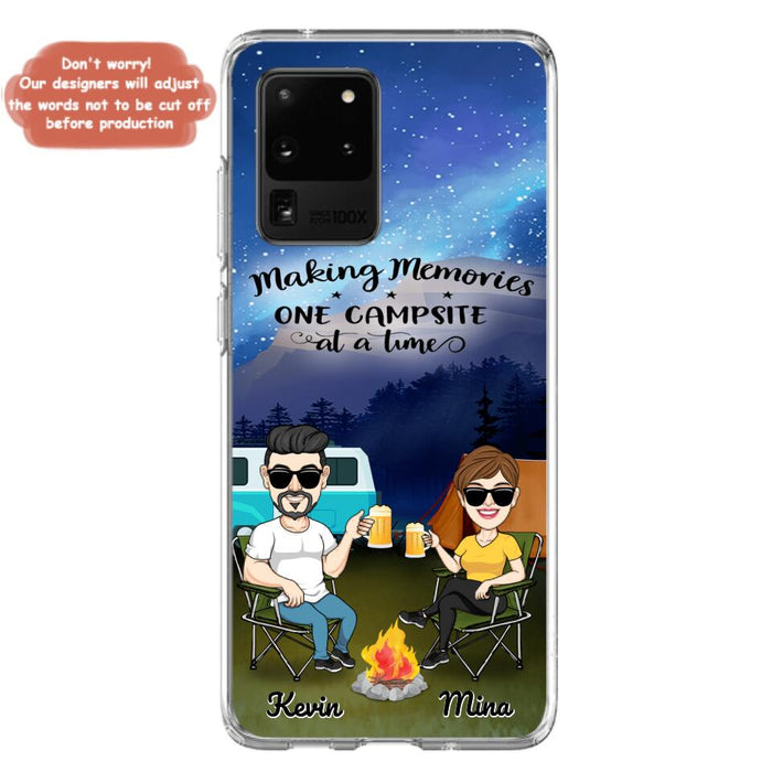 Custom Personalized Night Camping Phone Case - Couple With Up to 3 Dogs - Gift For Couple/ Camping Lover - Making Memories One Campsite At A Time - Case For iPhone And Samsung