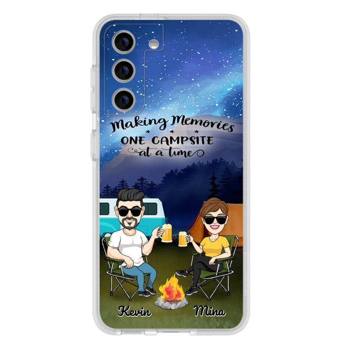 Custom Personalized Night Camping Phone Case - Couple With Up to 3 Dogs - Gift For Couple/ Camping Lover - Making Memories One Campsite At A Time - Case For iPhone And Samsung