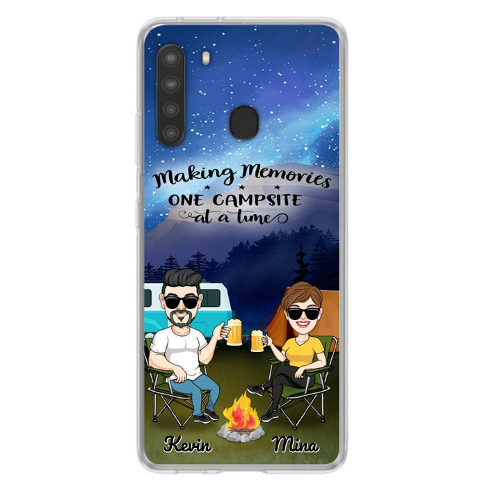 Custom Personalized Night Camping Phone Case - Couple With Up to 3 Dogs - Gift For Couple/ Camping Lover - Making Memories One Campsite At A Time - Case For iPhone And Samsung