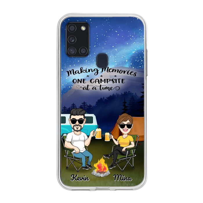 Custom Personalized Night Camping Phone Case - Couple With Up to 3 Dogs - Gift For Couple/ Camping Lover - Making Memories One Campsite At A Time - Case For iPhone And Samsung