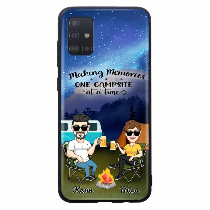 Custom Personalized Night Camping Phone Case - Couple With Up to 3 Dogs - Gift For Couple/ Camping Lover - Making Memories One Campsite At A Time - Case For iPhone And Samsung