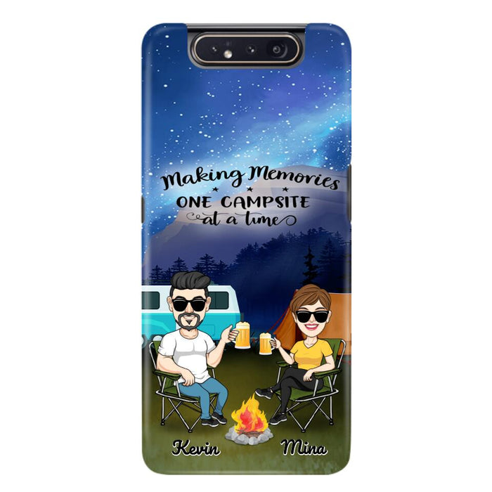 Custom Personalized Night Camping Phone Case - Couple With Up to 3 Dogs - Gift For Couple/ Camping Lover - Making Memories One Campsite At A Time - Case For iPhone And Samsung