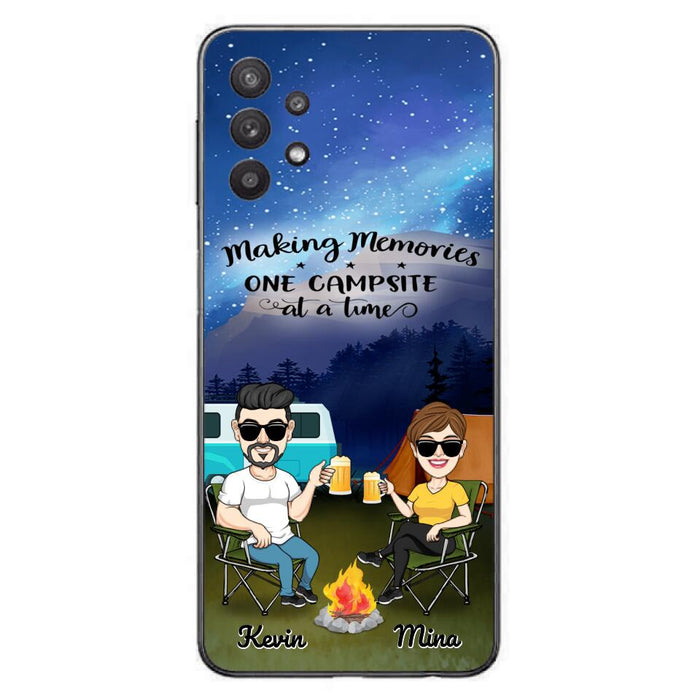 Custom Personalized Night Camping Phone Case - Couple With Up to 3 Dogs - Gift For Couple/ Camping Lover - Making Memories One Campsite At A Time - Case For iPhone And Samsung