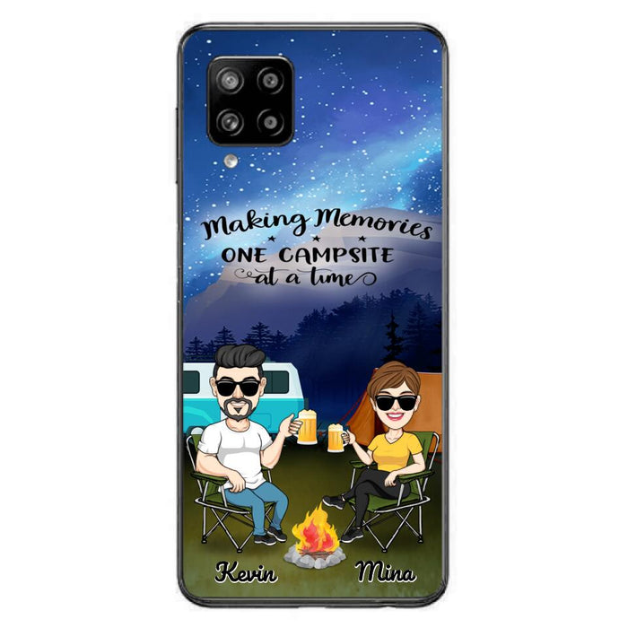 Custom Personalized Night Camping Phone Case - Couple With Up to 3 Dogs - Gift For Couple/ Camping Lover - Making Memories One Campsite At A Time - Case For iPhone And Samsung