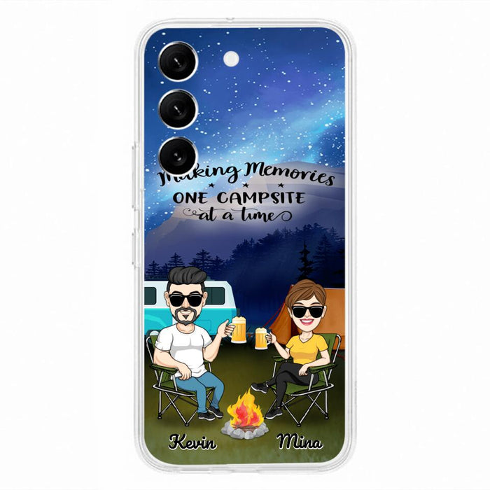 Custom Personalized Night Camping Phone Case - Couple With Up to 3 Dogs - Gift For Couple/ Camping Lover - Making Memories One Campsite At A Time - Case For iPhone And Samsung