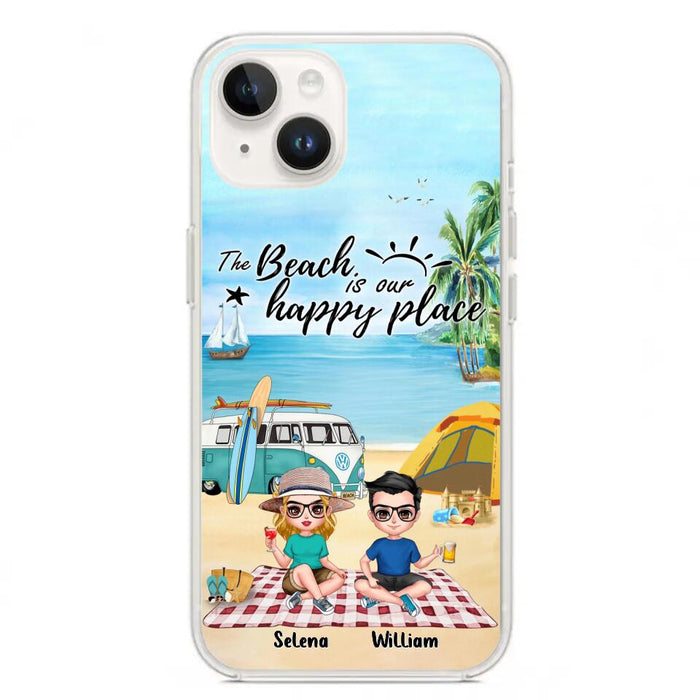 Custom Personalized Summer Beach Picnic Camping Phone Case - Upto 5 People - Gift Idea For Camping Couple/ Friends - The Beach Is Our Happy Place - Case For iPhone And Samsung