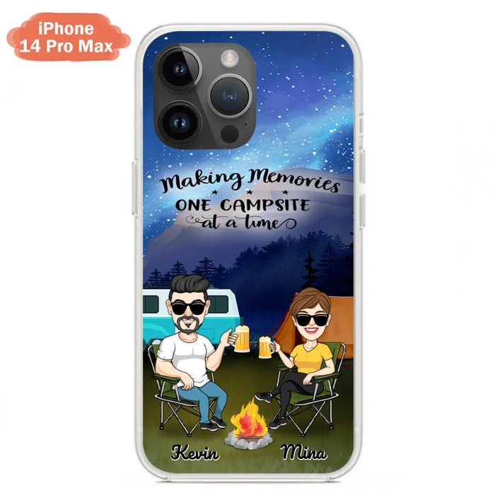 Custom Personalized Night Camping Phone Case - Couple With Up to 3 Dogs - Gift For Couple/ Camping Lover - Making Memories One Campsite At A Time - Case For iPhone And Samsung