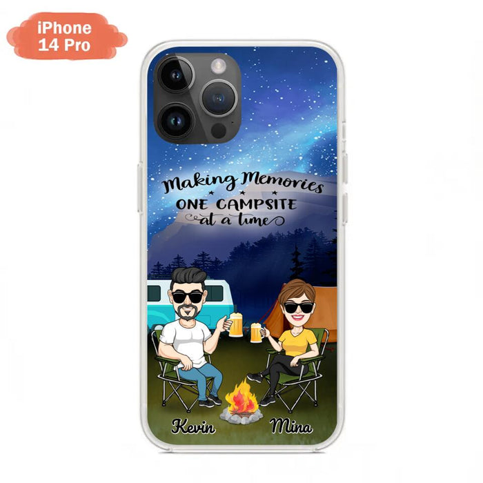 Custom Personalized Night Camping Phone Case - Couple With Up to 3 Dogs - Gift For Couple/ Camping Lover - Making Memories One Campsite At A Time - Case For iPhone And Samsung